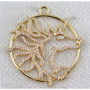 copper horse pendant paved zircon, gold plated, approx 36mm dia [FDZN1404]
