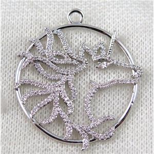 copper horse pendant paved zircon, platinum plated, approx 36mm dia [FDZN1407]