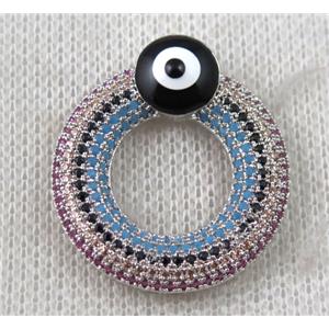 copper donut pendant paved zircon with evil eye, platinum plated, approx 26mm dia [FDZN1427]