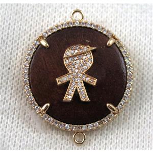 copper boy connector paved zircon, wood, rose gold, approx 30mm dia [FDZN1431]