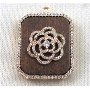 copper flower pendant paved zircon, wood, rose gold, approx 29x34mm [FDZN1436]