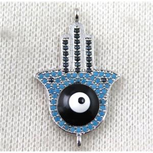 copper hamsahand connector paved zircon with evil eye, platinum plated, approx 22-35mm [FDZN1453]
