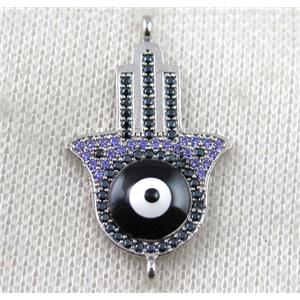 copper hamsahand connector paved zircon with evil eye, platinum plated, approx 22-35mm [FDZN1454]