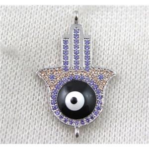 copper hamsahand connector paved zircon with evil eye, platinum plated, approx 22-35mm [FDZN1455]