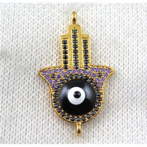 copper hamsahand connector paved zircon with evil eye, gold plated, approx 22-35mm [FDZN1456]