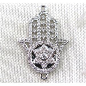 copper hamsahand connector paved zircon, platinum plated, approx 22-32mm [FDZN1464]