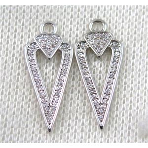 copper arrowhead pendant paved zircon, platinum plated, approx 10-22mm [FDZN1469]