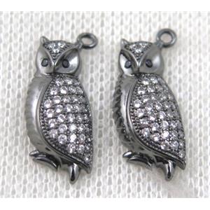 copper owl pendant paved zircon, black plated, approx 10-21mm [FDZN1473]
