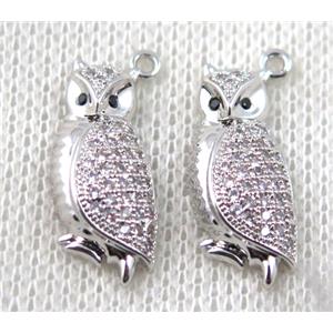 copper owl pendant paved zircon, platinum plated, approx 10-21mm [FDZN1474]