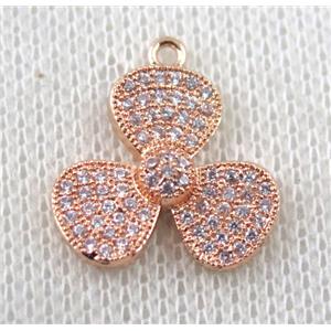 copper pendant paved zircon, three leaf clover, rose gold plated, approx 17mm dia [FDZN1478]