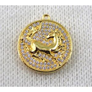 copper Zodiac Horse pendant paved zircon, gold plated, approx 16mm dia [FDZN1479]