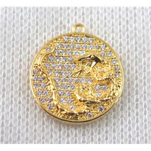 copper Zodiac Snake pendant paved zircon, gold plated, approx 16mm dia [FDZN1480]