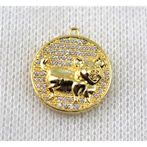 copper Zodiac Boar pendant paved zircon, gold plated, approx 16mm dia [FDZN1481]