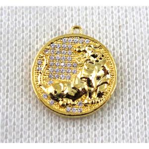 copper Zodiac Dog pendant paved zircon, gold plated, approx 16mm dia [FDZN1482]