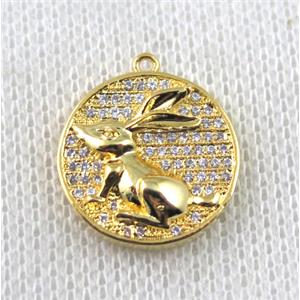 copper Zodiac Hare pendant paved zircon, gold plated, approx 16mm dia [FDZN1483]