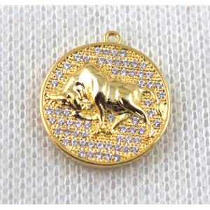 copper Zodiac Ox pendant paved zircon, gold plated, approx 16mm dia [FDZN1484]