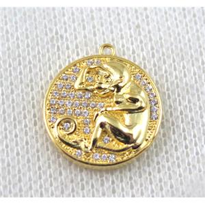 copper Zodiac Monkey pendant paved zircon, gold plated, approx 16mm dia [FDZN1485]