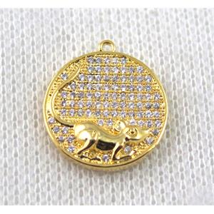 copper Zodiac Rat pendant paved zircon, gold plated, approx 16mm dia [FDZN1486]