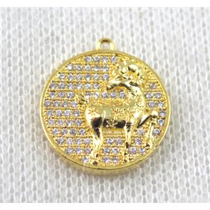 copper Zodiac Sheep pendant paved zircon, gold plated, approx 16mm dia [FDZN1487]