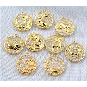 Chinese Zodiac pendant paved zircon, copper, gold plated, approx 16mm dia [FDZN1488]