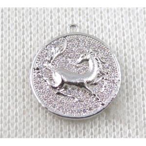 copper Zodiac Horse pendant paved zircon, platinum plated, approx 16mm dia [FDZN1489]