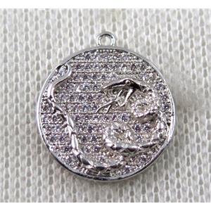 copper Zodiac Snake pendant paved zircon, platinum plated, approx 16mm dia [FDZN1490]