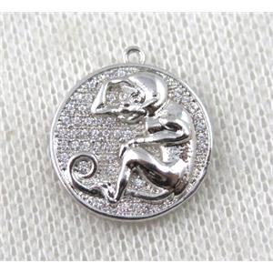 copper Zodiac Monkey pendant paved zircon, platinum plated, approx 16mm dia [FDZN1492]