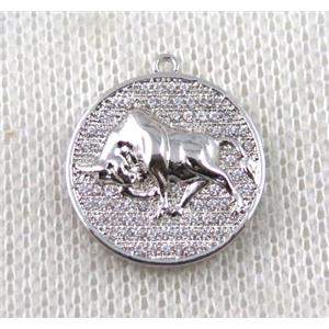 copper Zodiac Ox pendant paved zircon, platinum plated, approx 16mm dia [FDZN1494]