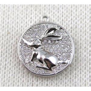 copper Zodiac Hare pendant paved zircon, platinum plated, approx 16mm dia [FDZN1495]