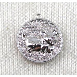copper Zodiac Boar pendant paved zircon, platinum plated, approx 16mm dia [FDZN1496]