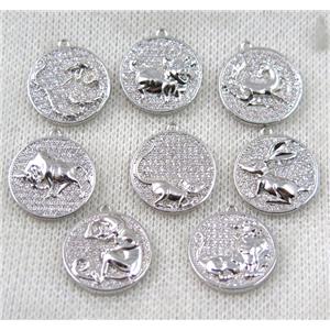 Chinese Zodiac pendant paved zircon, copper, platinum plated, approx 16mm dia [FDZN1497]