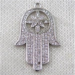 copper hamsahand pendant paved zircon, platinum plated, approx 22-35mm [FDZN1502]