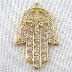 copper hamsahand pendant paved zircon, gold plated, approx 22-35mm [FDZN1503]