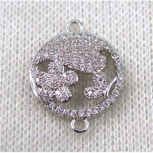 copper circle connector paved zircon with flower, platinum plated, approx 18mm dia [FDZN1511]