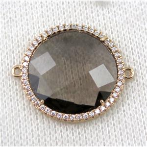 smoky Chinese Crystal Glass connector pave zircon, circle, gold plated, approx 23mm dia [FDZN1521]