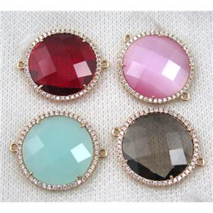 Chinese Crystal Glass circle connector pave zircon, circle, gold plated, mix color, approx 23mm dia [FDZN1531]