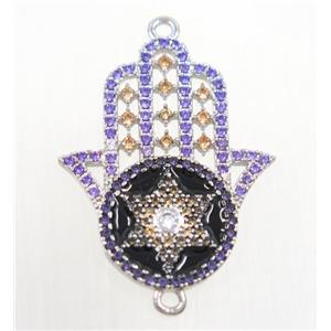 copper Hamsahand connector paved zircon, platinum plated, approx 22-33mm [FDZN1539]