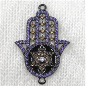 copper Hamsahand connector paved zircon, black plated, approx 22-33mm [FDZN1543]