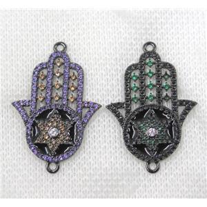 copper Hamsahand connector paved zircon, black plated, mix, approx 22-33mm [FDZN1544]