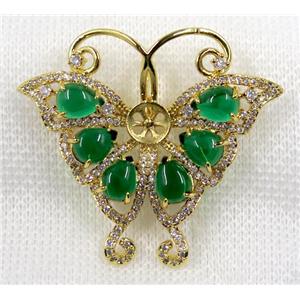 copper brooch paved zircon, gold plated, butterfly, green jade, approx 40-50mm [FDZN1552]
