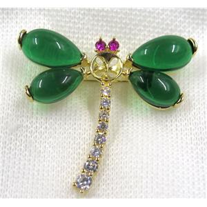 copper dragonfly brooch paved zircon with green jade, gold plated, approx 50x50mm [FDZN1555]