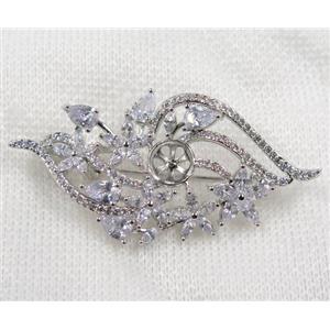 copper flower brooch paved zircon, platinum plated, approx 30-50mm [FDZN1560]