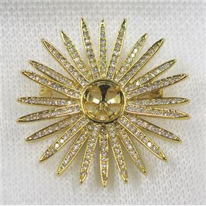 copper sunflower brooch paved zircon, gold plated, approx 40mm dia [FDZN1566]