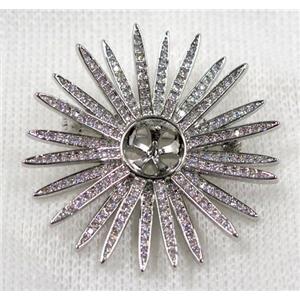 copper sunflower brooch paved zircon, platinum plated, approx 40mm dia [FDZN1567]