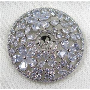 copper circle brooch paved zircon, platinum plated, approx 40mm dia [FDZN1568]