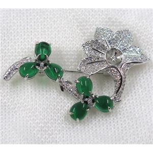 copper brooch paved zircon, platinum plated, flower, approx 40-55mm [FDZN1573]