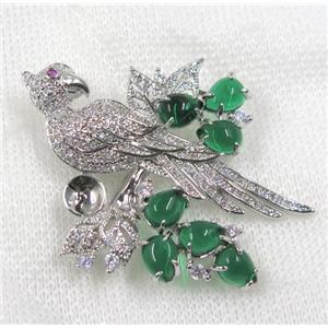 copper brooch paved zircon, platinum plated, bird, approx 40-50mm [FDZN1574]