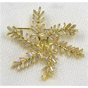 copper flower brooch paved zircon, gold plated, approx 45mm dia [FDZN1578]