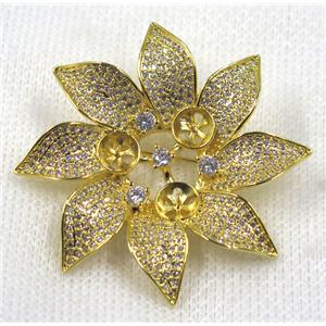 copper flower brooch paved zircon, gold plated, approx 48mm dia [FDZN1587]