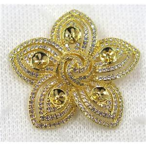 copper flower brooch paved zircon, gold plated, approx 42mm dia [FDZN1590]